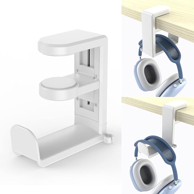 EURPMASK PC Gaming Headset Stand - Adjustable Clamp-on Headphone Holder, 360 Degree Swivel & Cable Clip Organizer - White