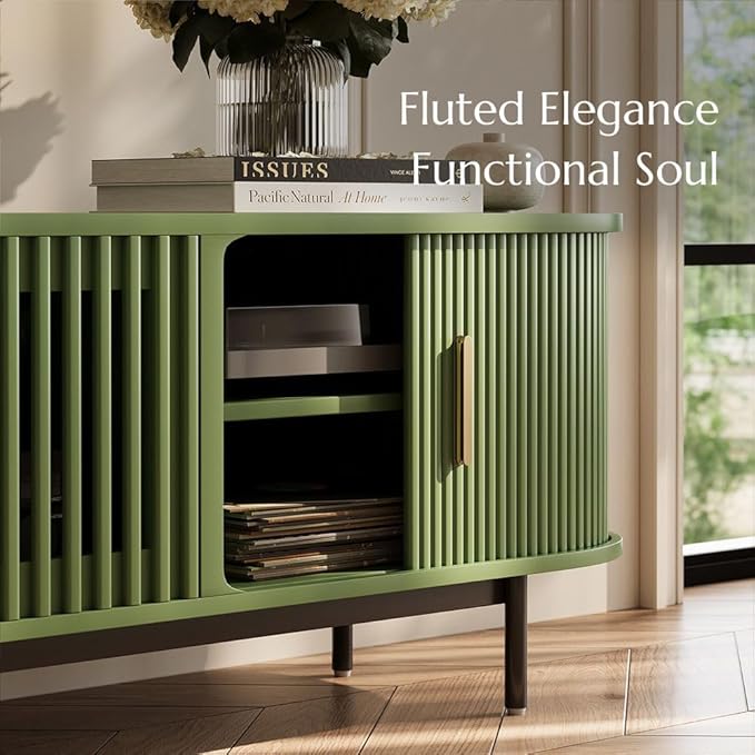 POVISON Fully-Assembled Modern Green TV Stand with Tambour Doors, Fluted TV Media Console for 85 Inch TVs, Sliding Door Entertainment Center with Storage for Living Room (Green, 94.49")