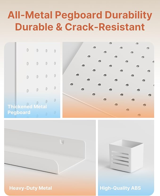 PEGZONE Pegboard Wall Organizer Combination Kit,Overall 33.1"x25.4" Metal Office Pegboard with 21 Accessories, Wall Mounted Peg board Display Panels for Home, Gaming Room, Garage (4Pcs,White)