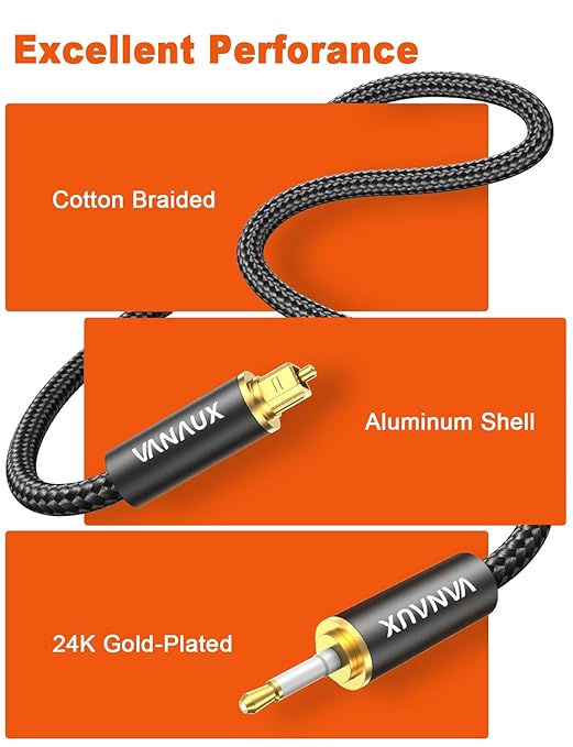 VANAUX Toslink to Mini Toslink Optical Audio Cable 24K Gold-Plated Digital S/PDIF Fiber Optic Cables for Home Theater, Sound Bar,TVs/Amplifiers/Hi-Fi Systems (Mini Toslink to Toslink, 5ft/1.5m)