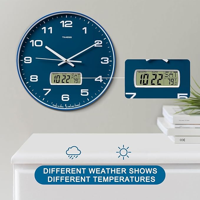 TIMESS Wall Clock, 10" Dial Non-Ticking Silent Battery Operated Analog with LCD Display for Perpetual Calendar and F° Temperature, Ideal Modern Home, Bedroom, Kitchen, Office Decor (Blue)