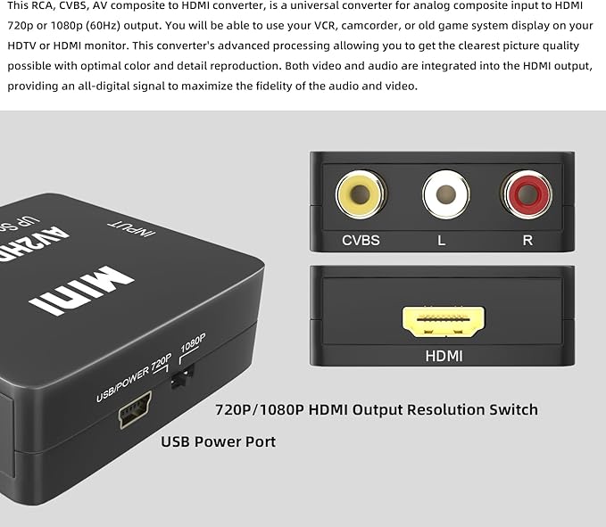 Kirzi AV to HDMI Converter, RCA to HDMI Converter, 1080P Mini RCA Composite CVBS Audio Video Converter Supports PAL/NTSC Compatible with PC/Laptop/Xbox /PS4 /TV/STB/VHS/VCR/Blue-Ray