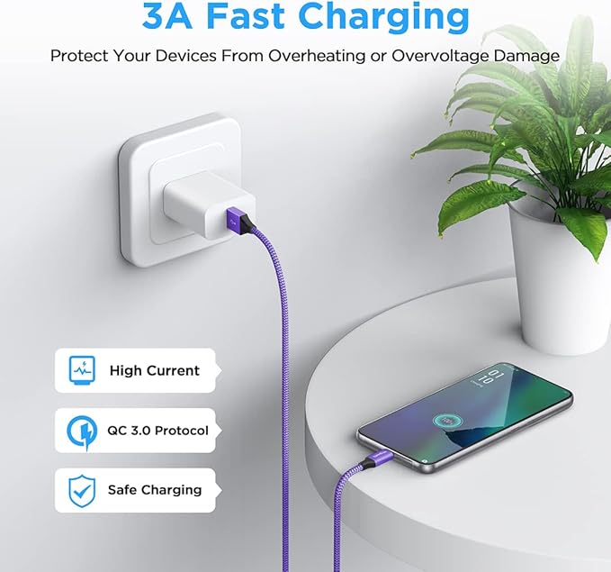 etguuds USB A to USB C Cable 6.6ft, 2-Pack, 3A Fast Charging Type C Charger Cord for iPhone 17 16 15 Pro Max 16e 17 Air, Samsung Galaxy S25 S24 S23 S22 S21 S20 A17 A16 A56 A55 Flip Fold, Purple