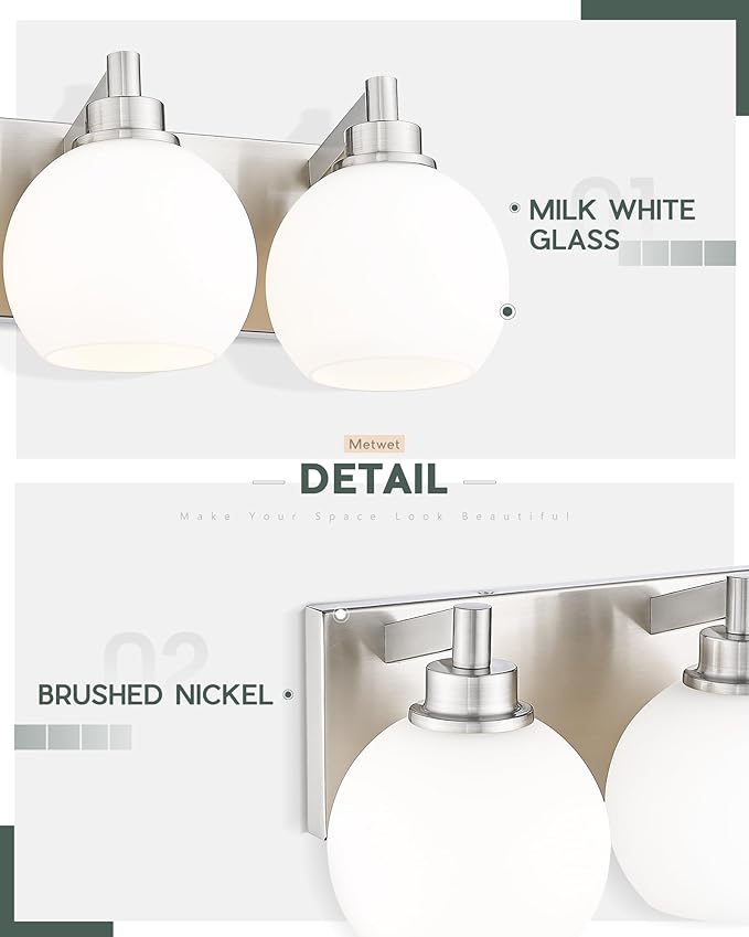 METWET Bathroom Light Fixtures, 4 Light Brushed Nickel Vanity Light, 26 Inch Modern Wall Sconces with Globe Milk White Glass Shade, Vanity Lighting Fixtures Over Mirror, VL195-BN-ML-4