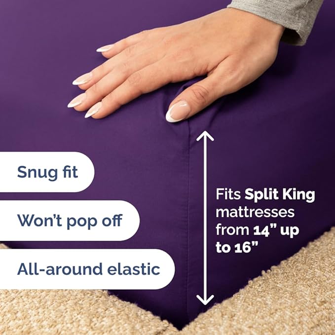 Split Head King Sheet Set – 4 Piece Flex Split Top King Sheets for Adjustable Beds - Fits 14” to 16" Mattress w/ Deep Pockets - Soft, Breathable & Cooling - Luxury Bedding and Wrinkle Free - Purple