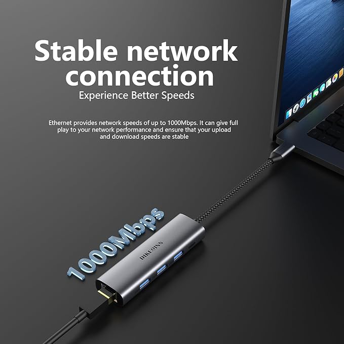 DIKEQINN USB 3.0 Hub with Gigabit Ethernet, 3-Port USB-A 5Gbps + USB-C Power Port for MacBook, Dell, HP, Surface (Plug and Play) (USB-C)