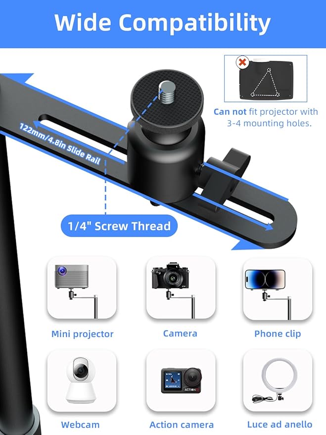 suptek Projector Stand Against Wall Hidden Stand, 360°Swivel, Height Adjustable, Universal Projector Mount Bracket, Compatible with Home Office Video Vlog DVR Camera, Upgraded Large Ball Head, PR007FP