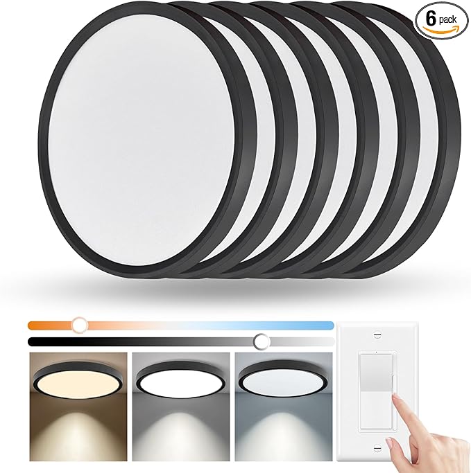 YELIOLED 6 Pack 12 Inch Slim Dimmable LED Flush Mount Ceiling Light Fixtures, 24W 2640LM 3000K/4000K/5000K, House Upgrade Led Lights for Bedroom Hallway Laundry Room Rental Units, 240W Equiv., Black