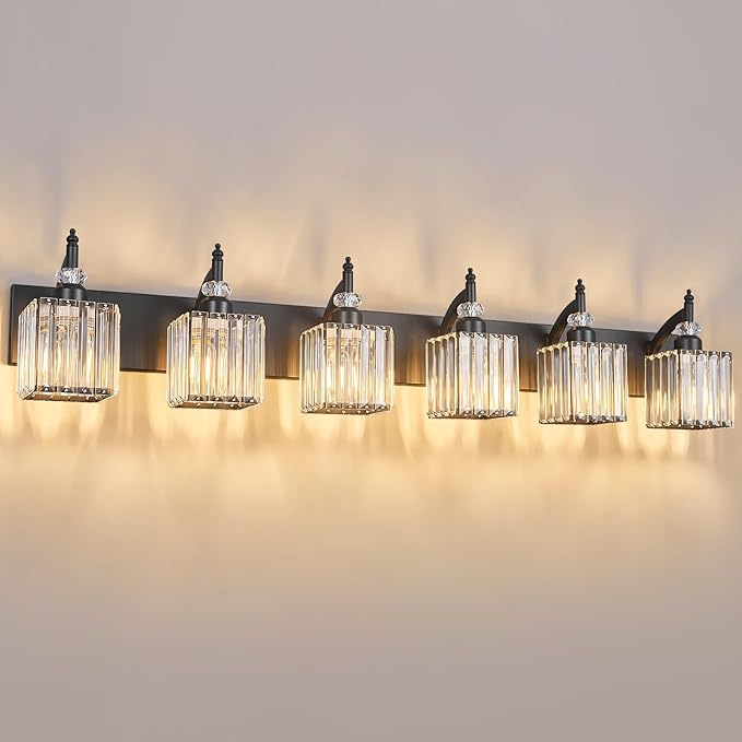 BBLLWJ Crystal Vanity Lights - Black, 6 Light Bathroom Vanity Light with Crystal Fixture, Modern Style for Bathroom Mirror