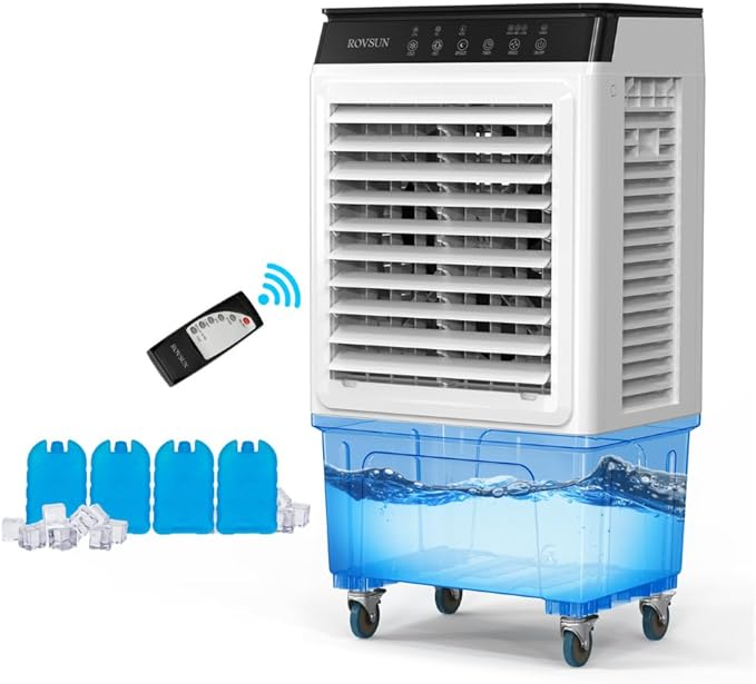 ROVSUN 2300CFM Portable Air Cooler, 7.9Gal/30L Evaporative Swamp Cooler, 3-IN-1 Cooling Fan with Remote Control, 12H Timer & 4 Ice Box, 3 Speeds, Humidifying Oscillating Fan for Indoor or Outdoor