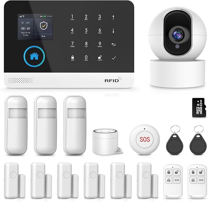 PGST WiFi Home Security Systems with 5MP HD Security Camera and 32GB Card,Wireless GSM 4G Burglar Door Alarm Systems,The Older SOS Button,Tuya App Control for Villa,Apartment,Pets,Kids Safety