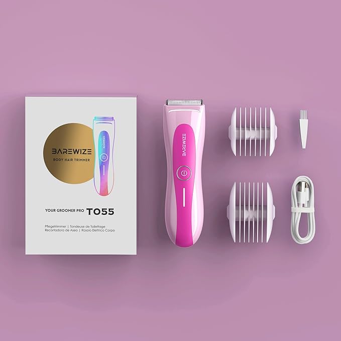 BAREWIZE Bikini Trimmer for Women, Electric Shaver for Women | LED Light, IPX7 Waterproof, USB-C Rechargeable, Ceramic Blade | Electric Razors for Women, Pubic Hair Trimmer Women (Petal Bonbon)