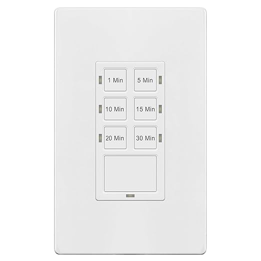 TG 30 Minute No Neutral Wire Countdown Timer Switch, 1-5-10-15-20-30 Min, for Bathroom Fans, Heaters, Lights, LED Indicator, 120VAC 800W, UL Listed, Screwless Wall Plate, White