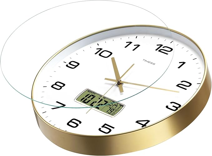 TIMESS Wall Clock, 14" Large Dial Non-Ticking Silent Battery Operated Analog with LCD Display for Perpetual Calendar and F° Temperature, Ideal Modern Home, Bedroom, Office Decor (Gold)