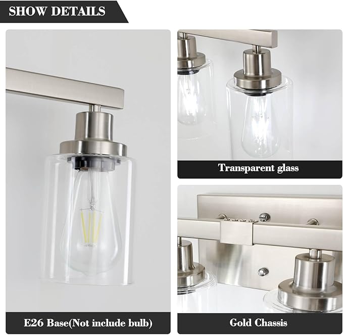 DIKAIDA Bathroom Vanity Light, 5-Light Nickel Modern Matte Wall Sconce Lighting with Clear Glass Shade, Wall Lights,Bath Vintage Wall Mounted Lamps for Mirror Bedroom Living Room