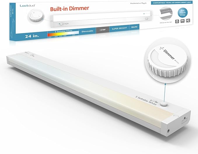 Leetdud Under Cabinet Lighting Plug in or Hardwired Built-in Dimmer, 24 Inch 12W, 5CCT 2700/3000/3500/4000/5000K, Linkable Counter Lights for Kitchen, ETL Dimmable LED Light Fixture, White