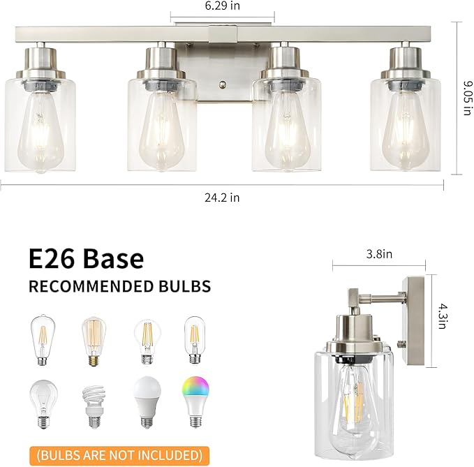DIKAIDA Bathroom Vanity Light, 4-Light Nickel Modern Matte Wall Sconce Lighting with Clear Glass Shade, Wall Lights,Bath Vintage Wall Mounted Lamps for Mirror Bedroom Living Room
