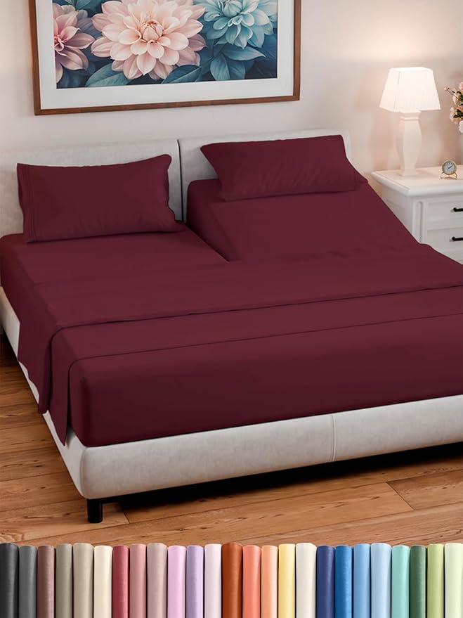 Split Head King Sheet Set – 4 Piece Flex Split Top King Sheets for Adjustable Beds - Fits 14” to 16" Mattress w/ Deep Pockets - Soft, Breathable & Cooling - Luxury Bedding and Wrinkle Free - Burgundy