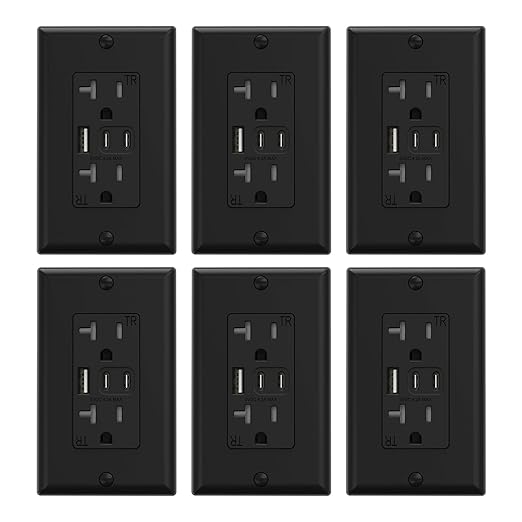 ELEGRP USB Outlets, 20 Amp Wall Outlet with 3 USB Ports, Dual USB C Ports Outlets, TR Tamper-Resistant USB Outlets Receptacles, Wall Plate Included, UL/CUL Listed, 6 Pack, Black