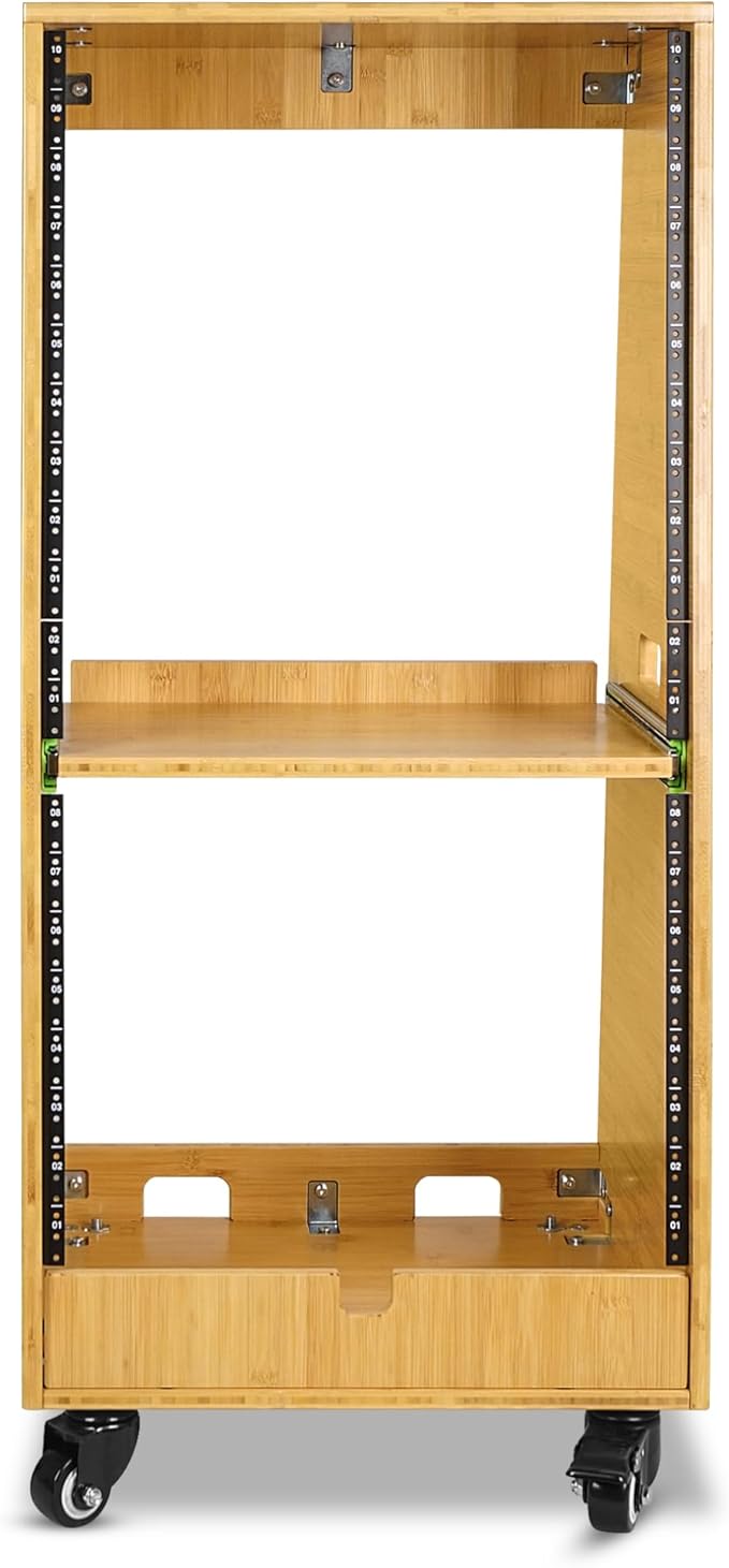 Sound Town DIY Solid Carbonized Bamboo Slanted 20U Studio Rack (12U Top + 8U Lower), with 2U Bottom Storage, Slide-Out Tray, Caster, For Recording Room, Home Studio (STBR-ST20T)