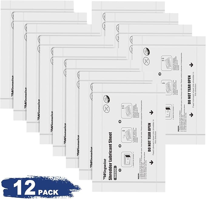 Wingwise 12-Pack Shredder Lubricant Sheets, 8.5 x 6 Inches, Sharpens Blades & Reduces Jams, Mess-Free Maintenance for All Shredders