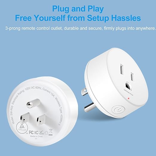 Remote Control Outlet,Greencycle Remote Light Switch and 3 Plugs,Wireless Light Switch,500ft Range,No Wiring Needed,15A/1500W for Household Appliances,FCC Certified,White
