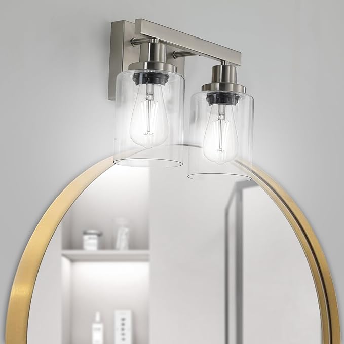 DIKAIDA Bathroom Vanity Light, 2-Light Nickel Modern Matte Wall Sconce Lighting with Clear Glass Shade, Wall Lights,Bath Vintage Wall Mounted Lamps for Mirror Bedroom Living Room
