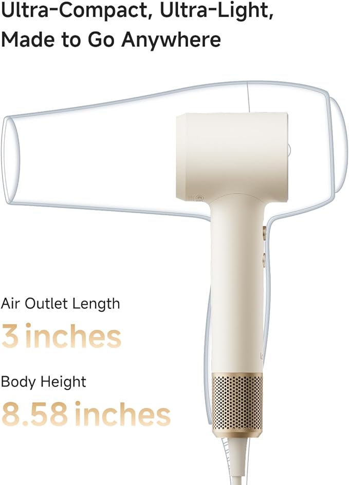 Laifen MINI Hair Dryer, Lightweight and Compact High Speed 200M Ionic Blow Dryer with 110, 000 RPM Brushless Motor for Fast Drying, Low Noise, Hairdryer with Magnetic Nozzle, Child Mode
