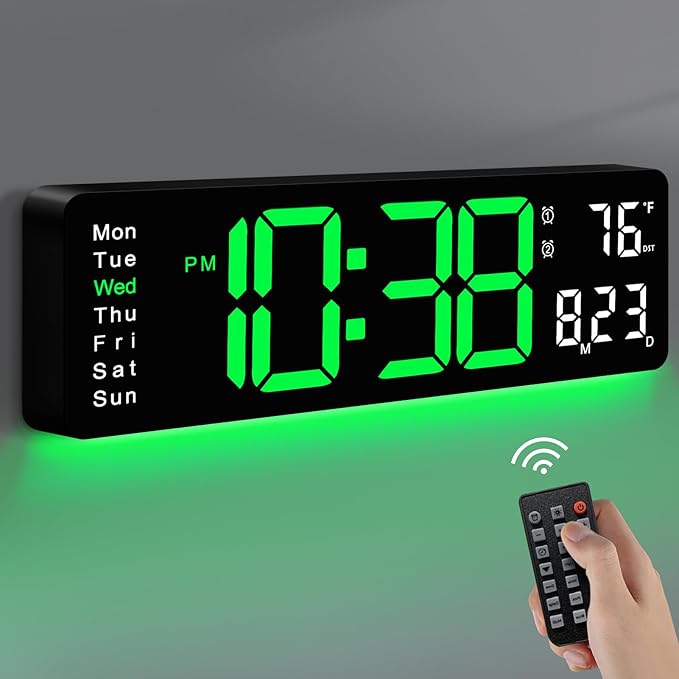 MASHI Digital Wall Clock, 16" Large Display Digital Clock with Remote Control, Auto-Dimming Wall Clock with Night Light, DST, Date Week,Temp for Living Room, Bedroom, Decor, Gift for Elderly