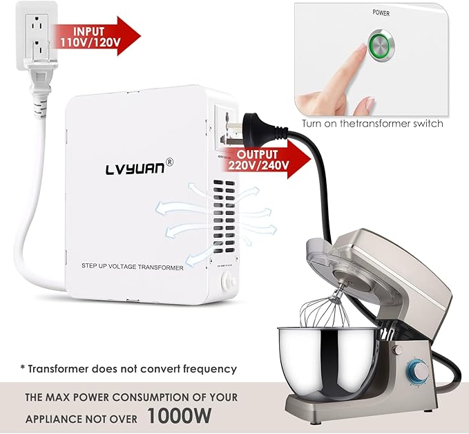 LVYUAN 1000W 110/120V to 220/240V Voltage Converter Step Up Transformer Electrical Converter with Circuit Breaker Protection for Euro China Korea Appliances[3 Year Warranty]