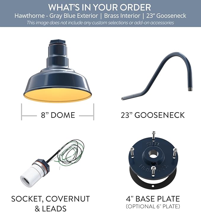 Steel Lighting Co. Hawthorne Barn Light | Outdoor Wall Mounted | 8 inch Dome | 23" Gooseneck | Small Farmhouse Light Made in America | Gray Blue Exterior/Brass Interior