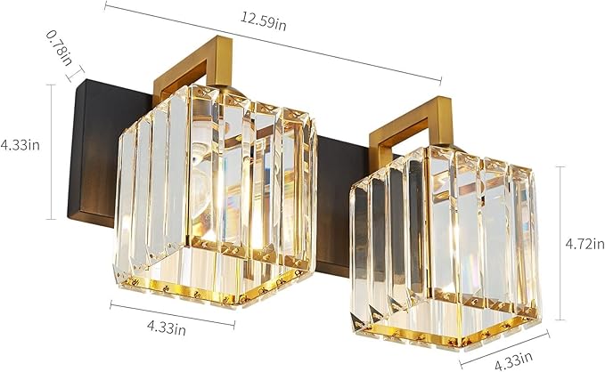 FDPBY Modern Bathroom Vanity Light 2-Lights Black Gold Crystal Wall Lamp Bathroom Modern Crystal Vanity Lighting