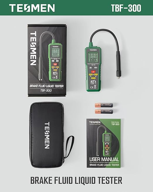 TESMEN TBF-300 Brake Fluid Tester with 8.5-Inch Corrosion Resistance Gooseneck Probe, Testing for DOT3, DOT4, DOT5.1, Brake Fluid Tester Pen with Light, Data Hold, Backlight Alarm for Auto Care-Green