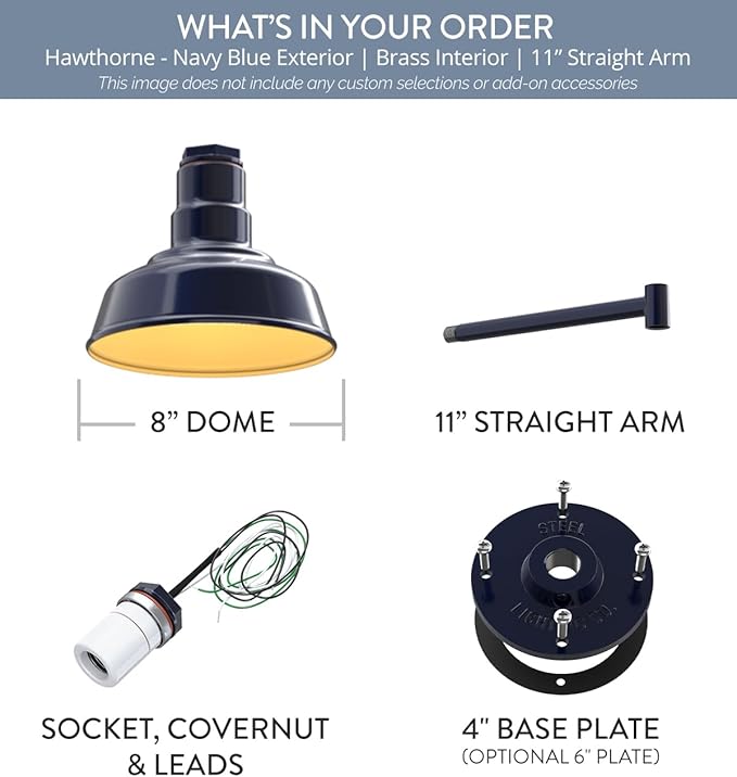Steel Lighting Co. Hawthorne Barn Light | Outdoor Wall Mounted | 8 inch Dome | 11" Straight Arm | Small Farmhouse Light Made in America | Navy Blue Exterior/Brass Interior