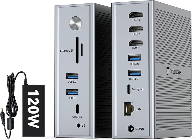 TobenONE DisplayLink Docking Station 3 Monitors, 14-in-1 Triple Monitor Dock for M1-M5 MacBook/Mac mini, Windows, Chrome (3HDMI, 120W Power Supply, 5 USB, Home Office & Professional Workspace