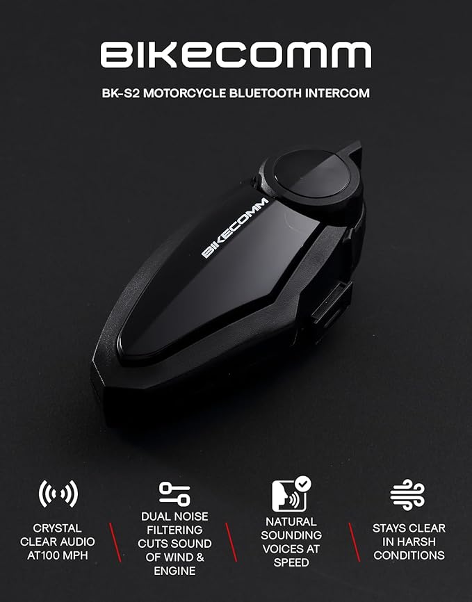 BIKECOMM BK-S2 Motorcycle Bluetooth Headset Intercom – 1200M Range Wireless Speakers - Helmet Communication System, IP67, Black