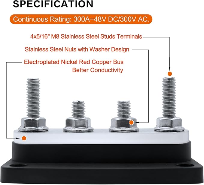 AMOMD 300A Bus Bars 4 Studs (5/16 inch) M8 Nickel Plated Copper Distribution Block Negative Electrical Buss Bars 12-48 V DC with Cover for Trailer Marine Boat Car RV (Black)