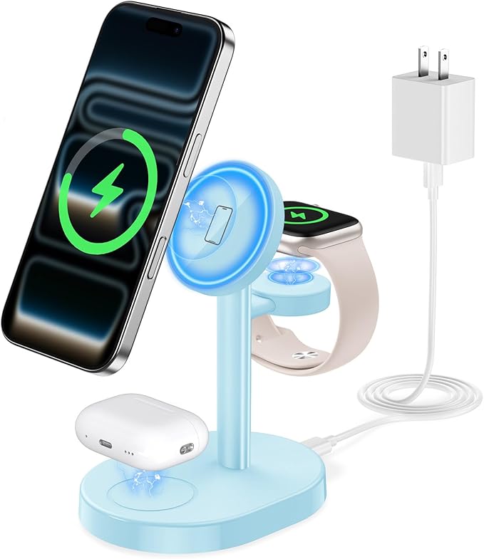 Hevanto 2025 3 in 1 Wireless Charging Station for Apple MagSafe Charger, 15W Fast Magnetic Mag-Safe Charger Stand for iPhone 17 16 15 14 13 12 Apple Watch AirPods Series, Gifts for Men (Ice Blue)