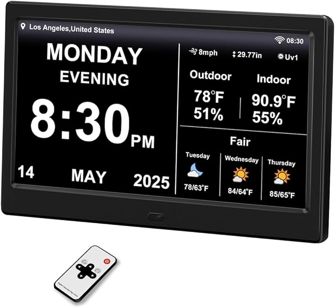 2025 Digital Clock with Weather Forecast & Temperature/Humidity Large Display,Auto Time Sync, Custom Alarms & Medication Reminders, Elderly Memory Loss (Black, 10.1 Inch)