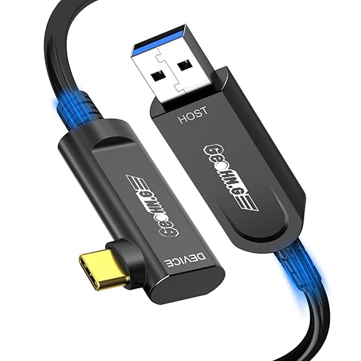GeoHN.G USB A to USB C Fiber Optic Extension Cable 15M/50FT, Right Angle USB 3.2 10Gbps Long Distance Active Optical USB C Cable for VR/AR, Quest2, Webcam, Camera, Mini PC and More