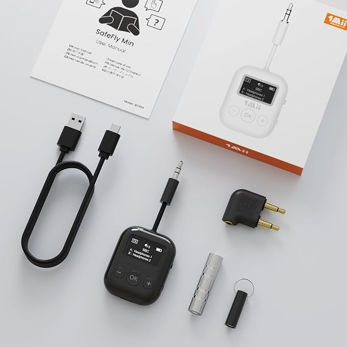 1Mii Airplane Bluetooth 5.3 Transmitter for All Headphones - Bluetooth Adapter for TV - Dual Connection - aptX Low Latency - Flying Travel, Wireless Audio Aux for MP3, Game,PC-Black
