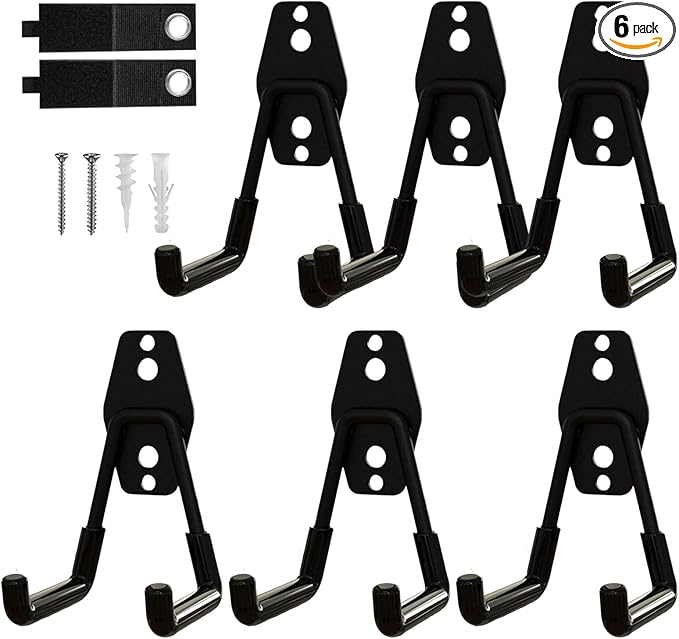 CRXCRC 6-Pack Small Square Heavy Duty Garage Hooks, Ideal for Hanging Ladders, Bikes, Tools, Garage, Garden, Basement, Shed, Utility Room Storage (Black)