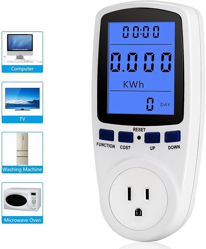 Klanata LCD Display Digital Power Meter, Voltage Monitoring with Overload, Wattage and KWH Measurement for Home Energy Efficiency