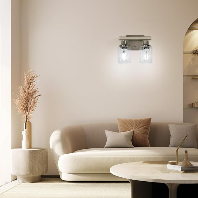 DIKAIDA Bathroom Vanity Light, 2-Light Nickel Modern Matte Wall Sconce Lighting with Clear Glass Shade, Wall Lights,Bath Vintage Wall Mounted Lamps for Mirror Bedroom Living Room