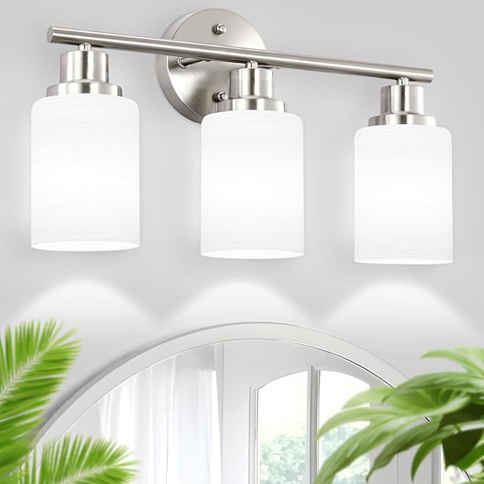 Guliaofo 3-Light Bathroom Light Fixtures, Vanity Lights for Mirror with Textured Milky White Glass Shade, Modern Kitchen Light Fixtures Wall Sconce Light - E26 Base - Brushed Nickel