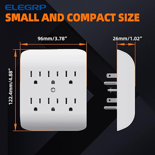 ELEGRP 6-Outlet Extender with Central Anchor, 3-Prong Grounded Wall Tab, Multiple Outlet Extender with 6 Electrical Outlets, ETL Listed, 1 Packs, White