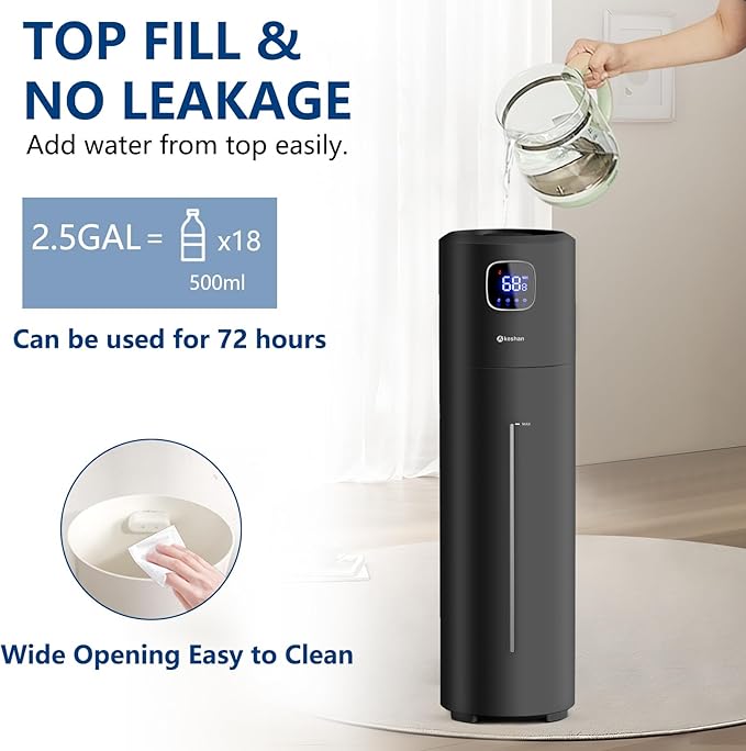 Akeshan Large Humidifiers for Bedroom, 9L/2.5Gal Ultrasonic Cool Mist, Top Fill Easy Clean with 350ML/H Mist Speed, Quiet, Suitable for Kids Room Plant Yoga Office Study Room Living (Black, Round)