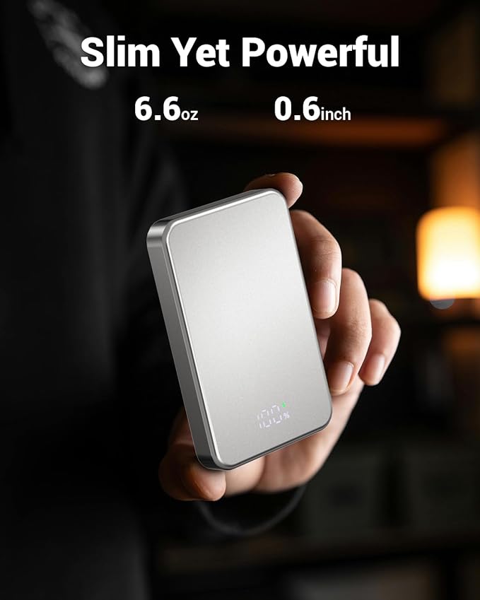 POAQCIF for Magsafe Portable Charger, Aluminum Alloy Small 10000mAh 20W PD Magnetic Power Bank, USB-C in&Out Wireless Battery Pack Phone Charger for iPhone 16/15/14/13/12 Plus Pro Max Series -Silvery