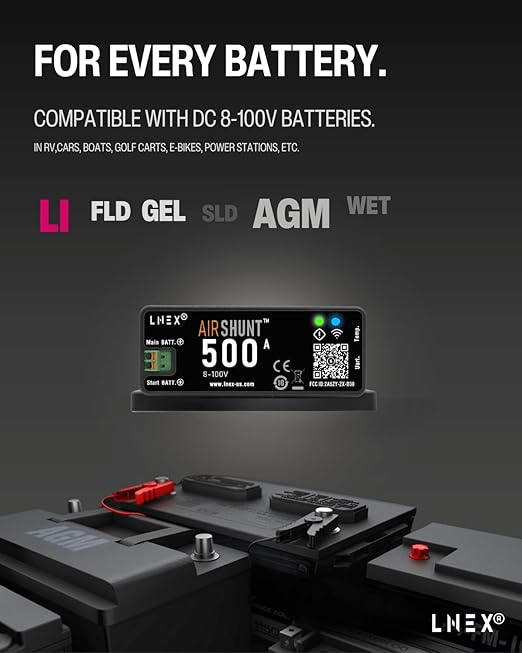 LNEX Bluetooth Battery Monitor, 500A Smart Shunt with Temp Sensor for 8-100V Lifepo4, Lithium Sealed, Gel, Flooded Battery