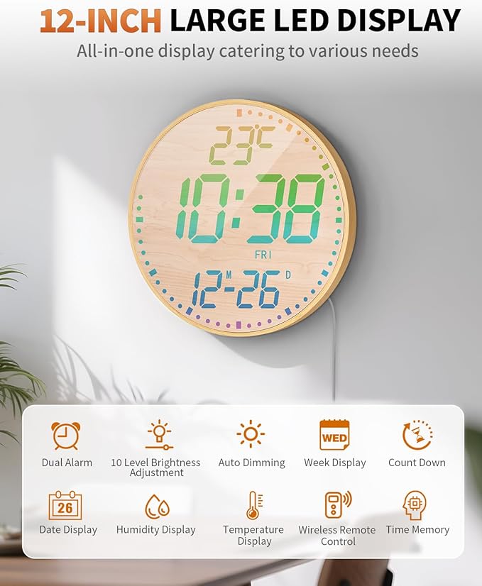 GLOKUUCA 12" Large Digital Wall Mount Clock, Count Down Timer, Alarm, Big LED, 12 RGB Color, Temperature for Living Room Classroom Desk (Bamboo Elements)